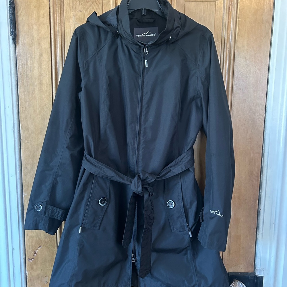 Eddie Bauer Women’s Medium Black Hooded Jacket Trench Coat Belted Full Zip Spy